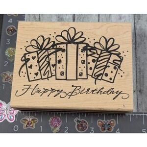 Denami Design Happy Birthday Gifts Presents 1998 Rubber Stamp Wood #E10